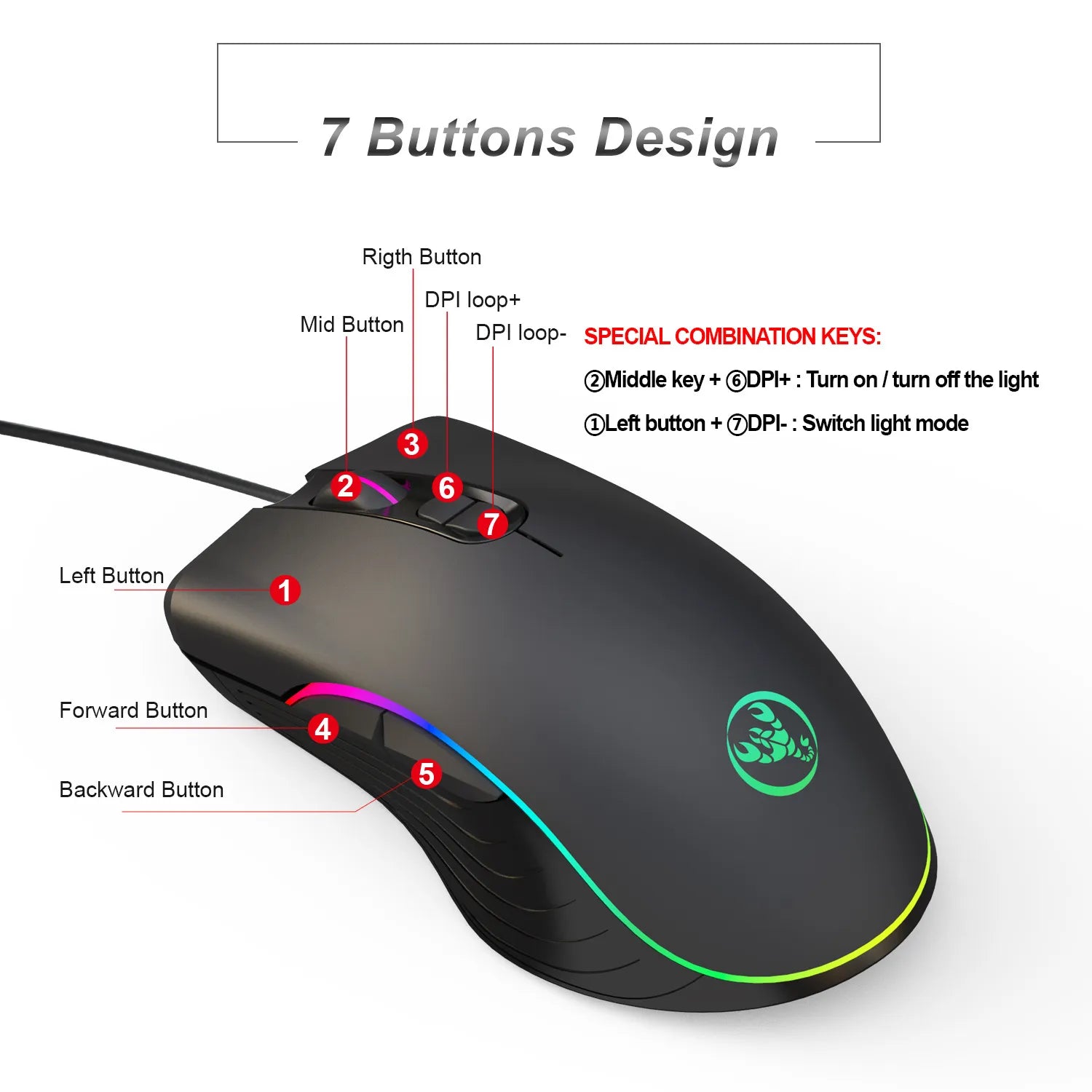 Glowing Wired Gaming Mouse - front view showing RGB lighting